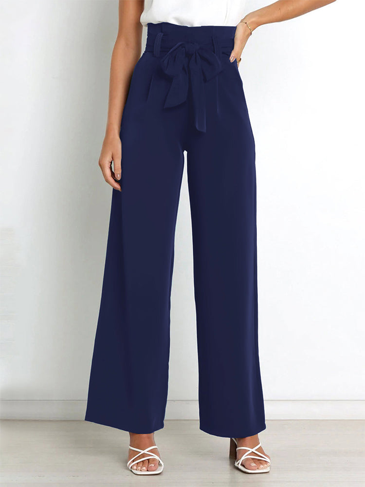 Solid Color Bow Tie Wide Leg Pants