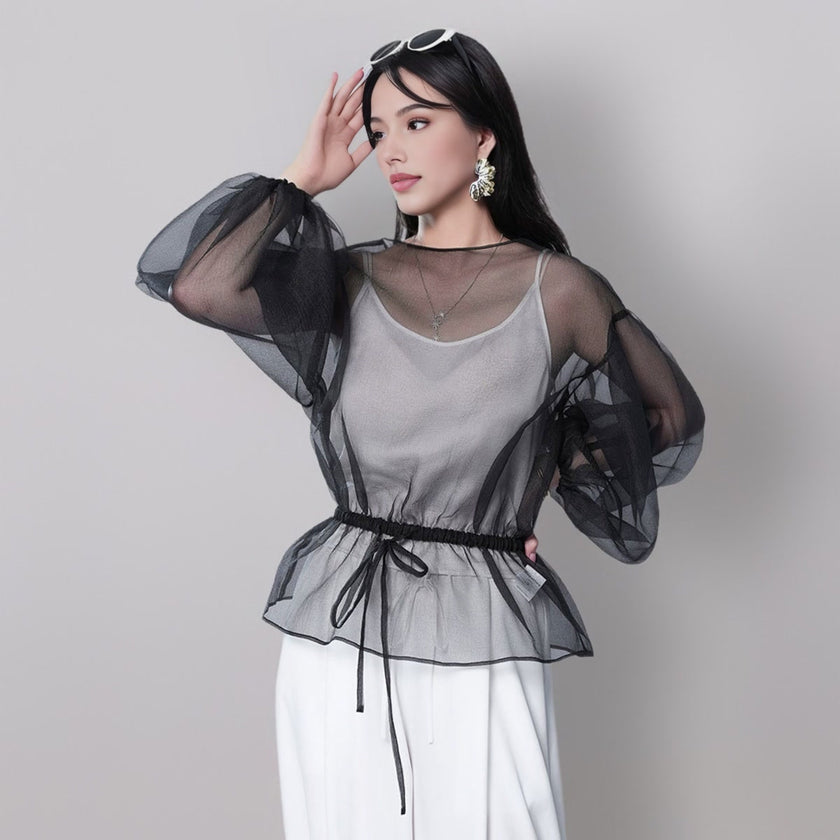 Puff Sleeve Drawstring Mesh See-through Top