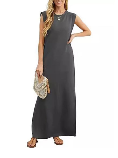 Solid Color Round Neck Side Slit Pocket Dress