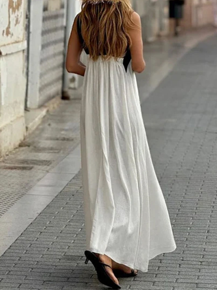 Cross Backless Contrast Color Maxi Dress