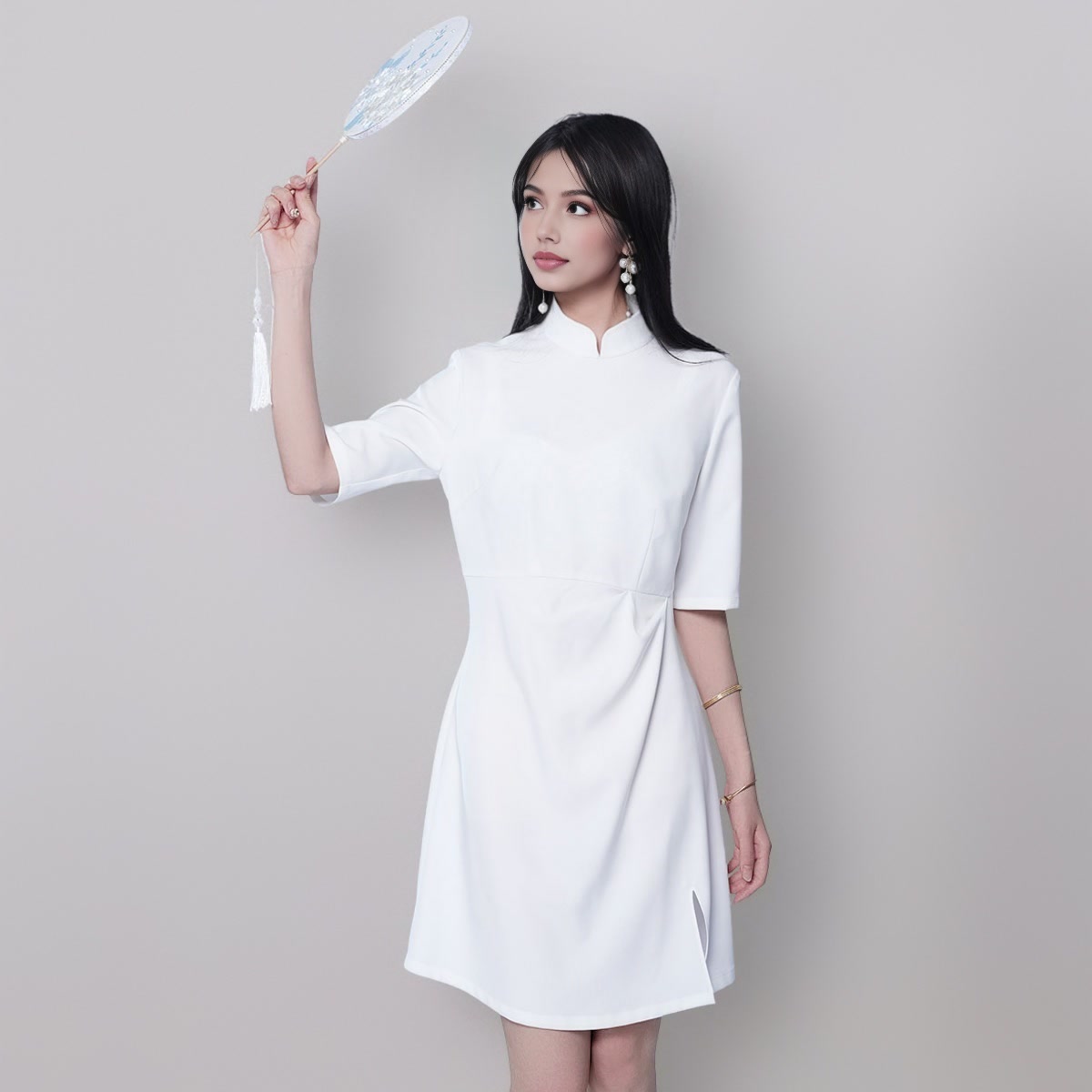 Stand Collar Half Sleeve Side Split Midi Dress