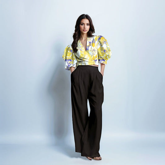 Cross Collar Puff Sleeve Printed Shirt