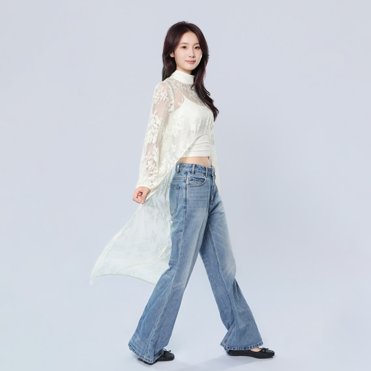 Half Turtleneck Short Front and Long Back Lace See-through Top