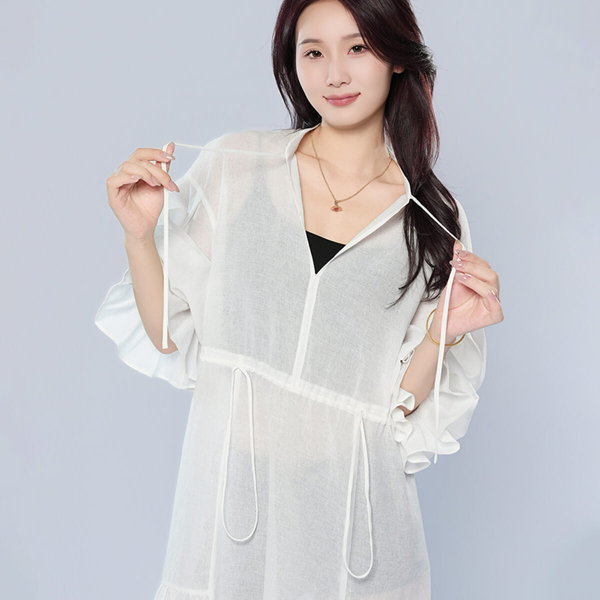 V-neck Long Sleeve Drawstring Waist-cinching Dress