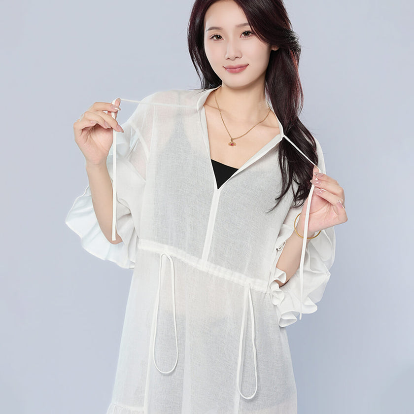 V-neck Long Sleeve Drawstring Waist-cinching Dress