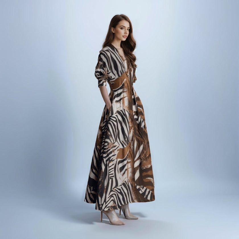 V-Neck Short Sleeve Waist-cinching Printed Maxi Dress with Belt