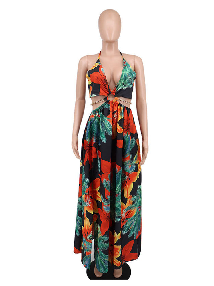 Halter Neck Backless Printed Maxi Dress