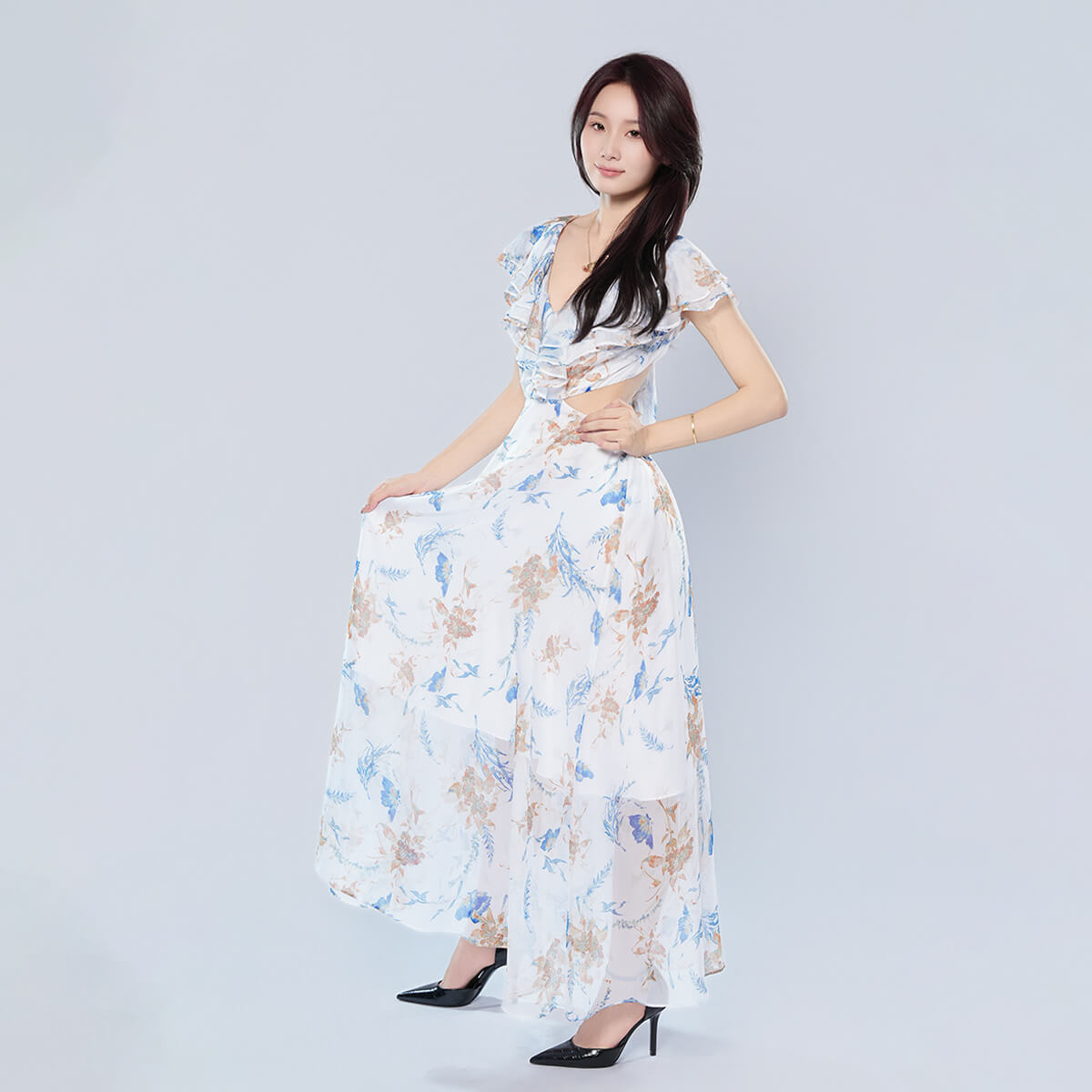 V-neck Ruffle Sleeves Backless Printed Dress