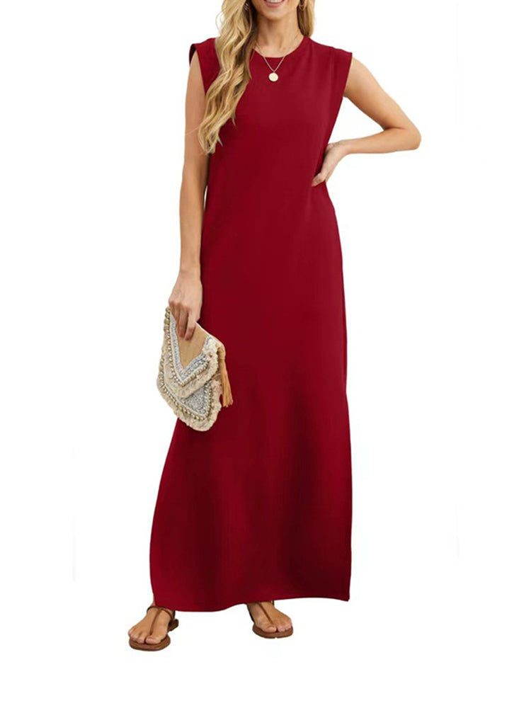 Solid Color Round Neck Side Slit Pocket Dress