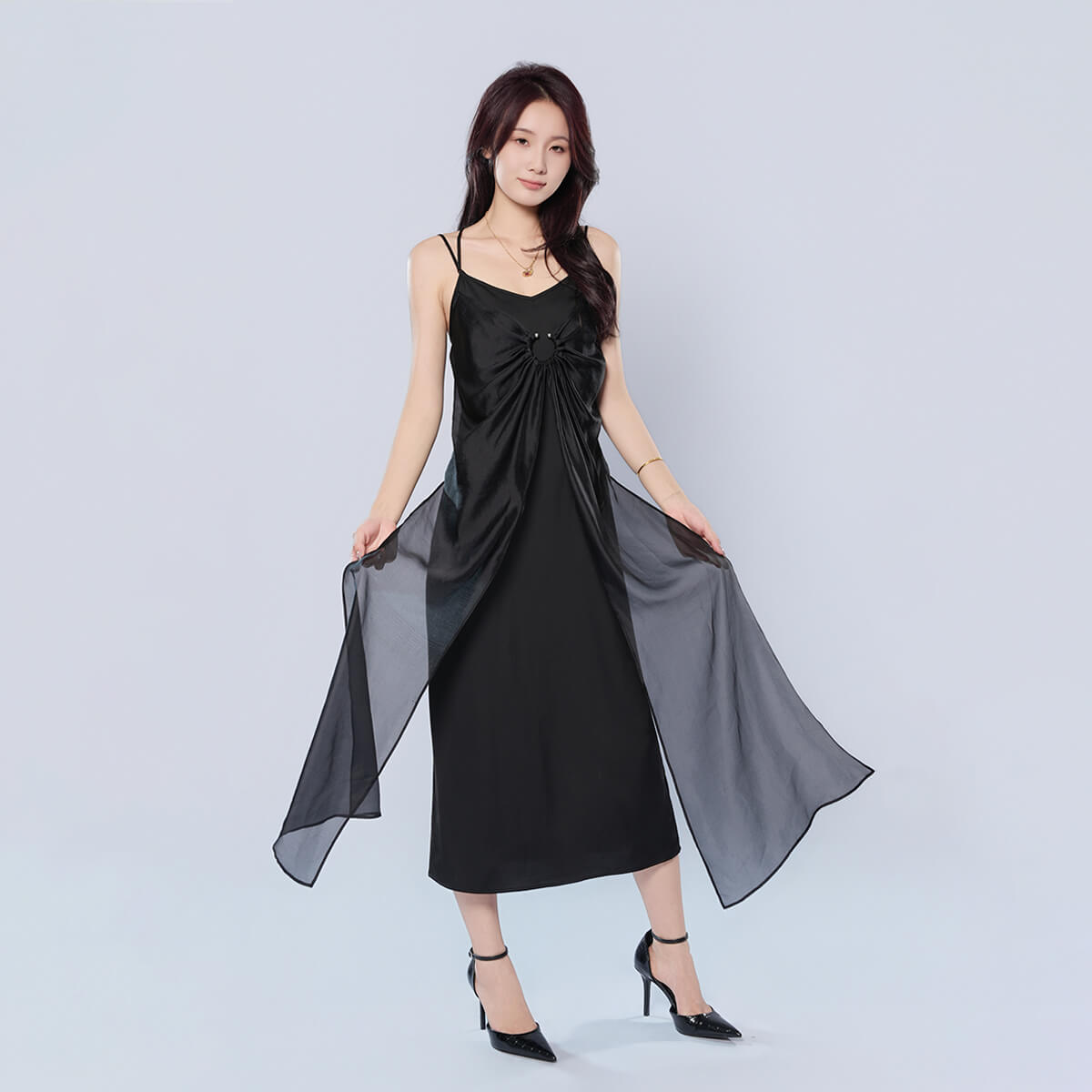 Asymmetrical Hem Adjustable Straps Double Layer Cami Dress