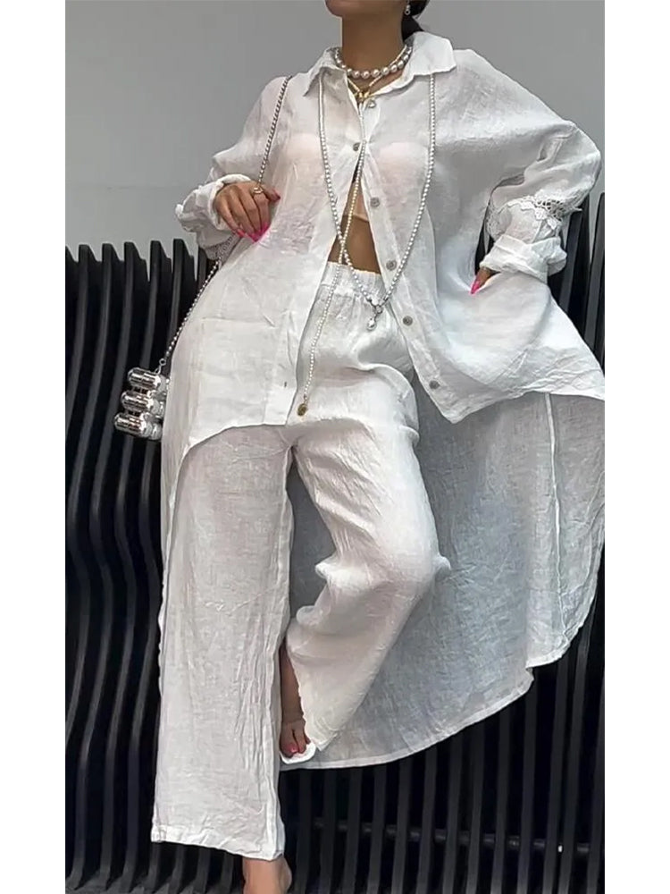 Irregular Hem Long Sleeve Top Wide Leg Pants Set