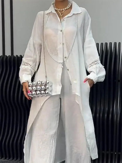 Irregular Hem Long Sleeve Top Wide Leg Pants Set