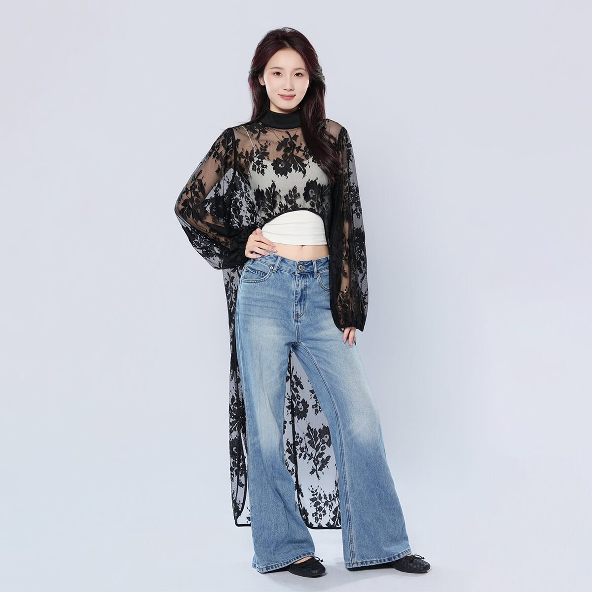 Half Turtleneck Short Front and Long Back Lace See-through Top