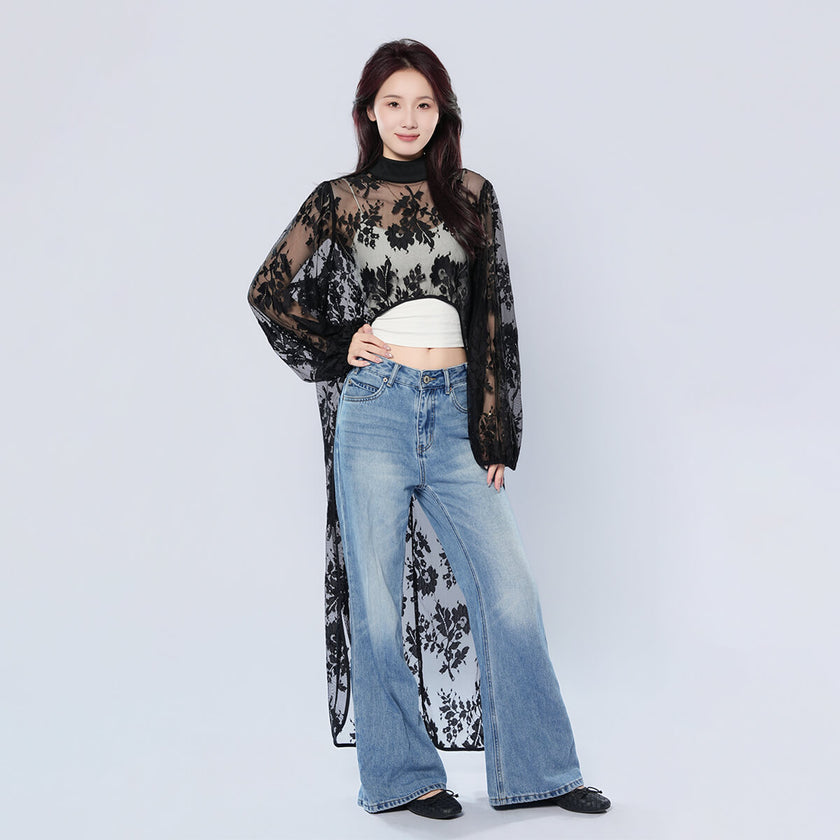 Half Turtleneck Short Front and Long Back Lace See-through Top