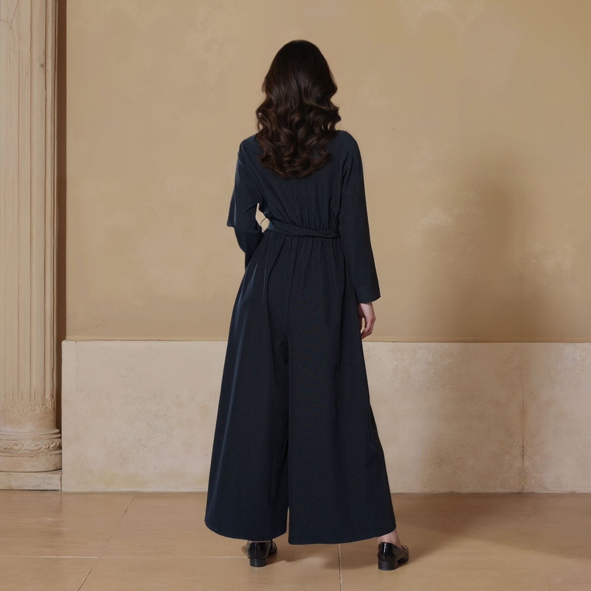 Deep V-neck Long Sleeve Loose Jumpsuit with Belt