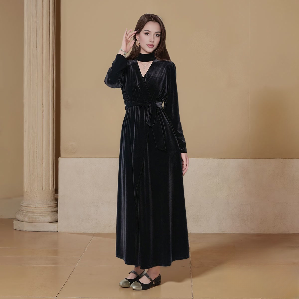 V-neck Long Sleeve Split Maxi Dress with Belt
