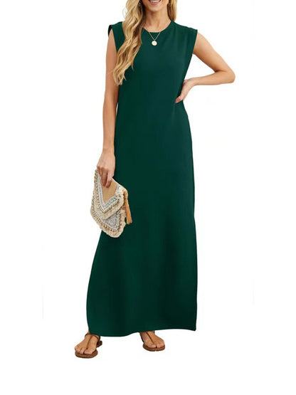 Solid Color Round Neck Side Slit Pocket Dress