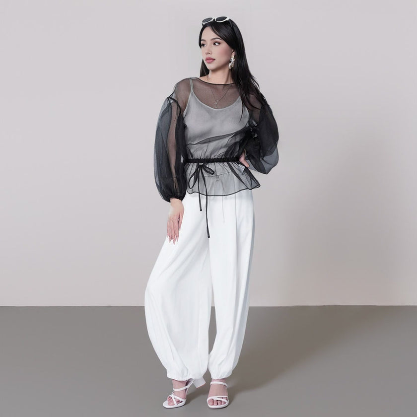 Puff Sleeve Drawstring Mesh See-through Top