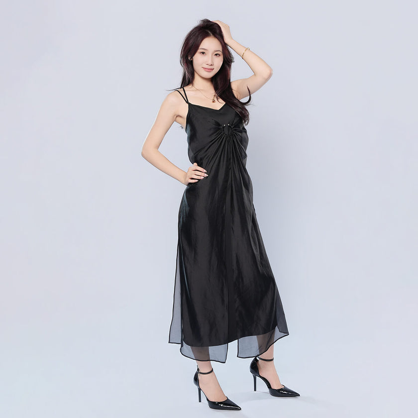 Asymmetrical Hem Adjustable Straps Double Layer Cami Dress