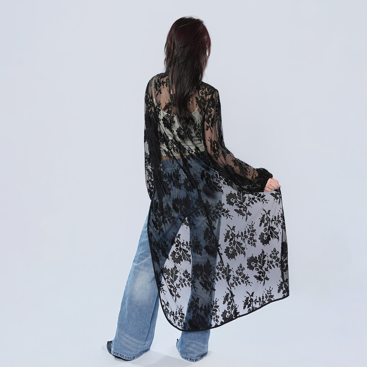 Half Turtleneck Short Front and Long Back Lace See-through Top