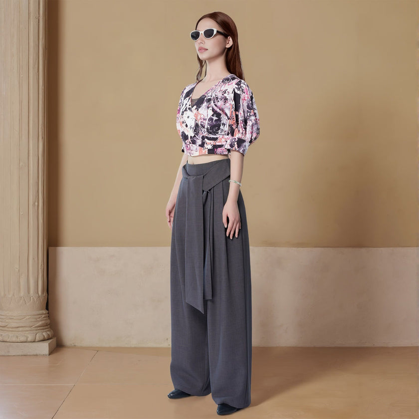 A-line Tie Pleated Wide-leg Pants