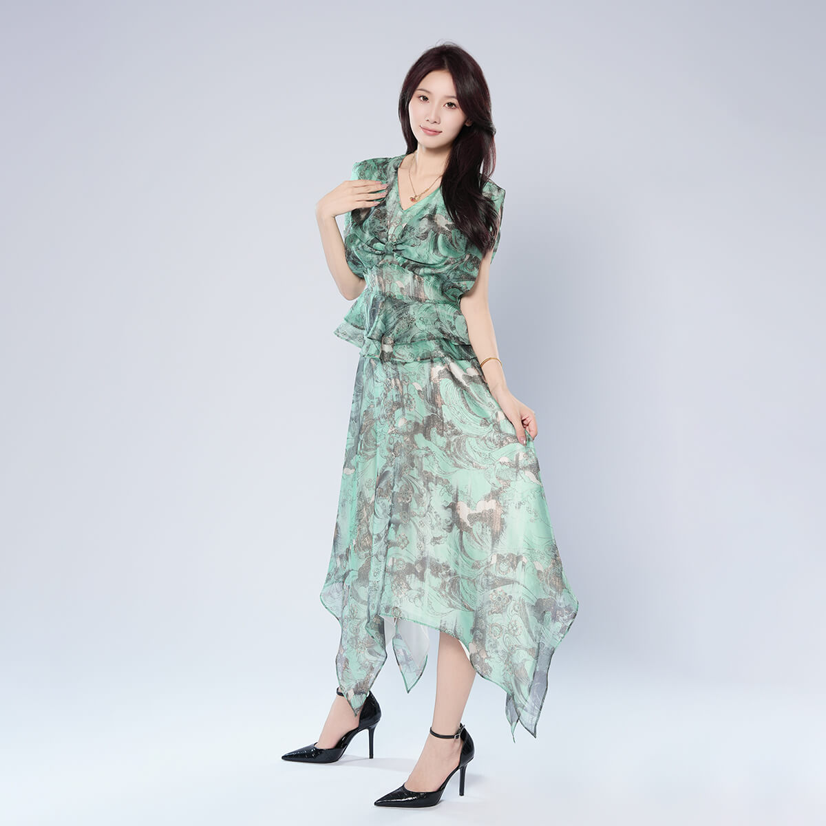V-neck Waist-cinching Ruffle Design Irregular Hem Dress