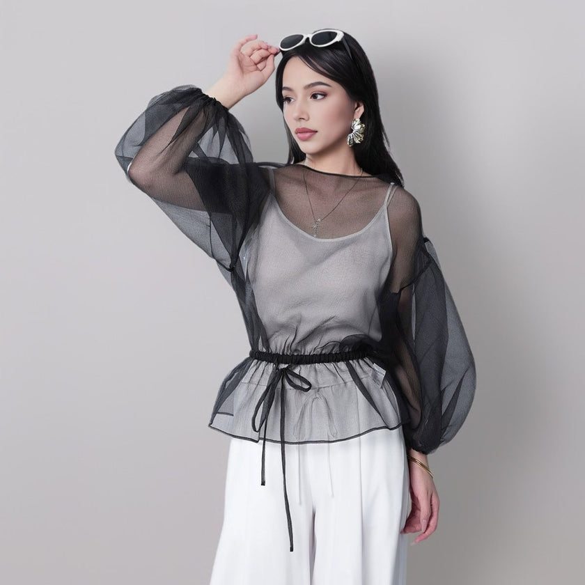 Puff Sleeve Drawstring Mesh See-through Top