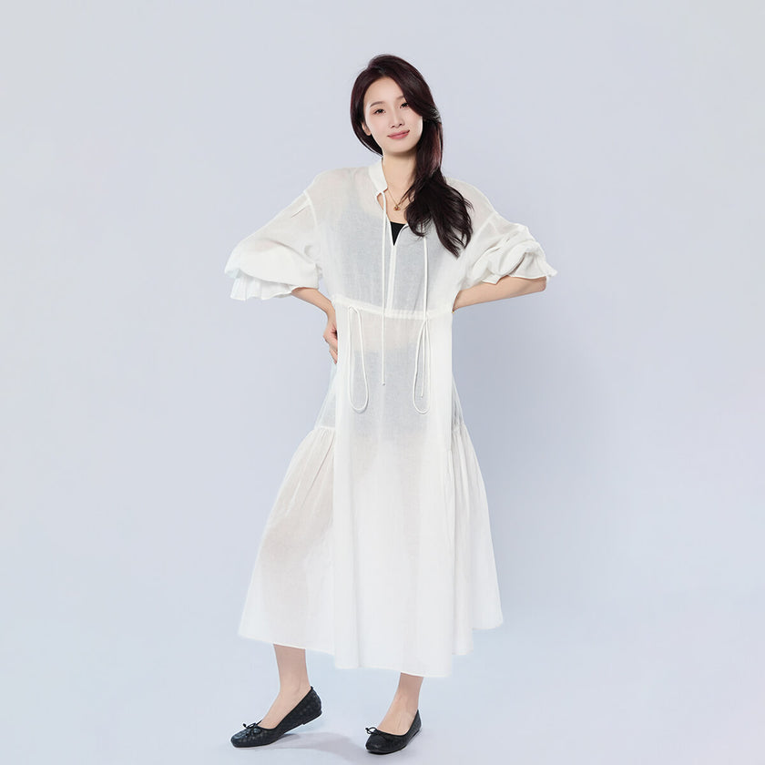 V-neck Long Sleeve Drawstring Waist-cinching Dress