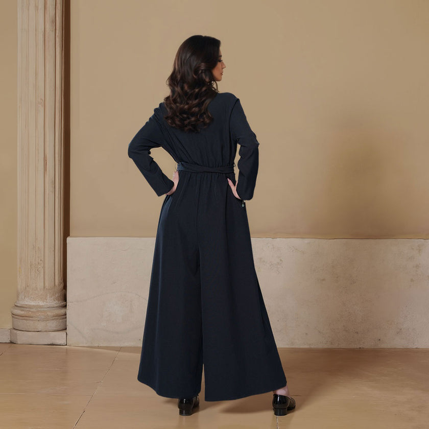 Deep V-neck Long Sleeve Loose Jumpsuit with Belt