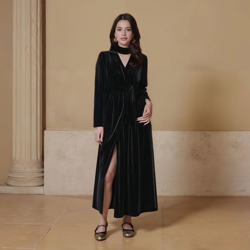 V-neck Long Sleeve Split Maxi Dress with Belt