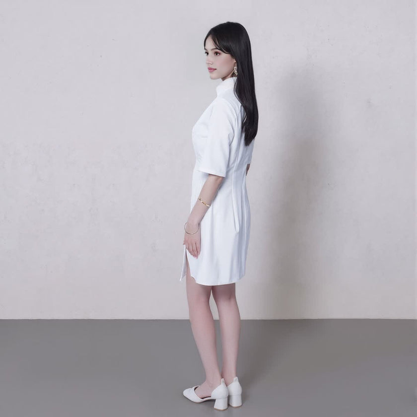 Stand Collar Half Sleeve Side Split Midi Dress