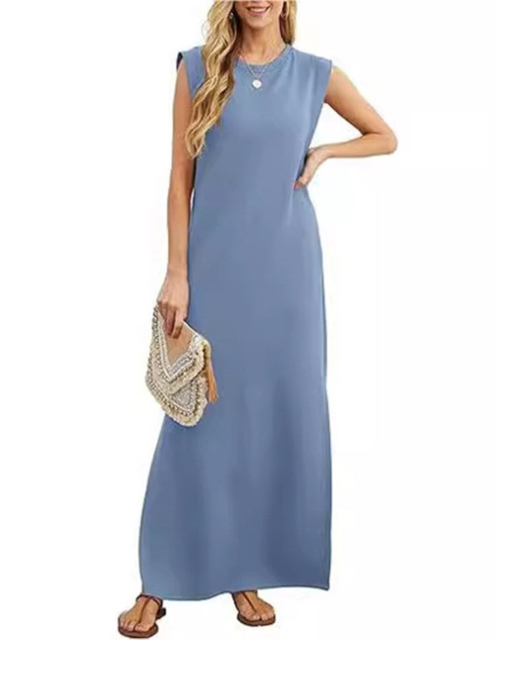 Solid Color Round Neck Side Slit Pocket Dress