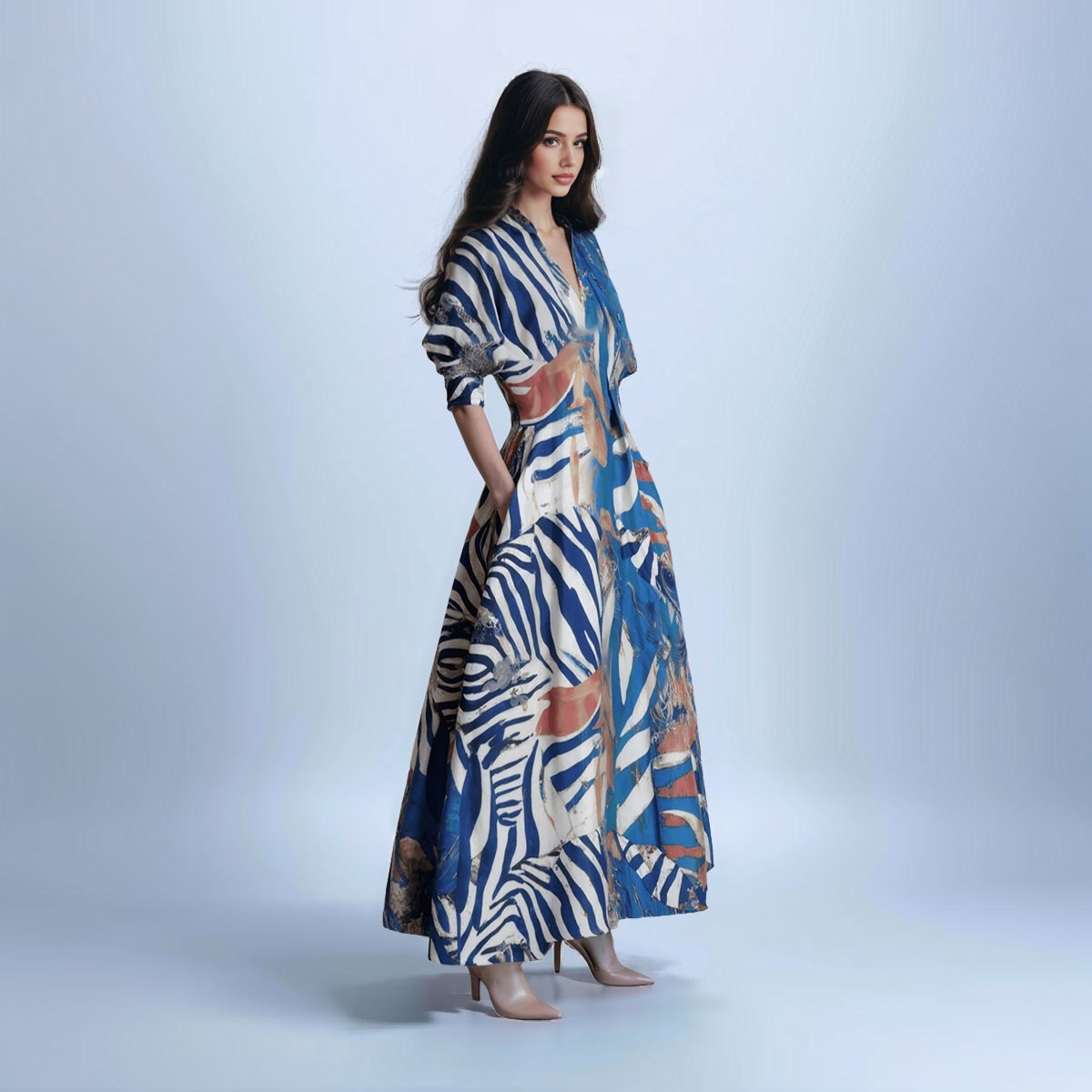 V-Neck Short Sleeve Waist-cinching Printed Maxi Dress with Belt