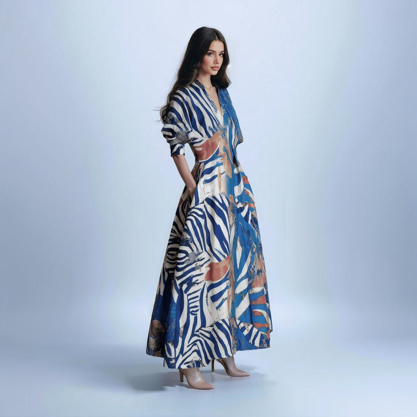 V-Neck Short Sleeve Waist-cinching Printed Maxi Dress with Belt