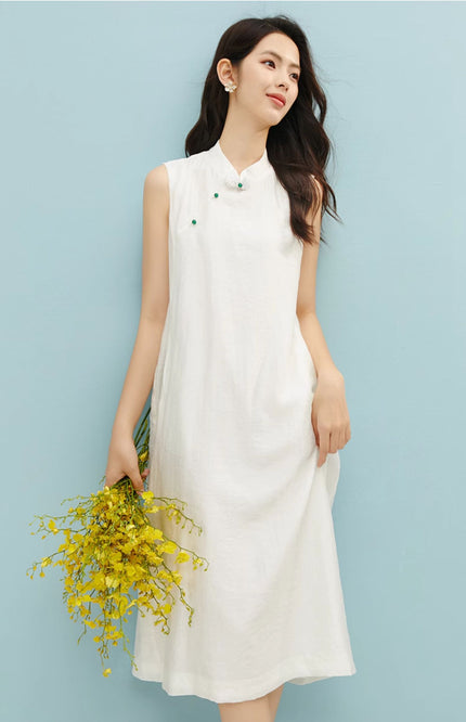 A-Line Buttoned Sleeveless Stand Collar Dress-1