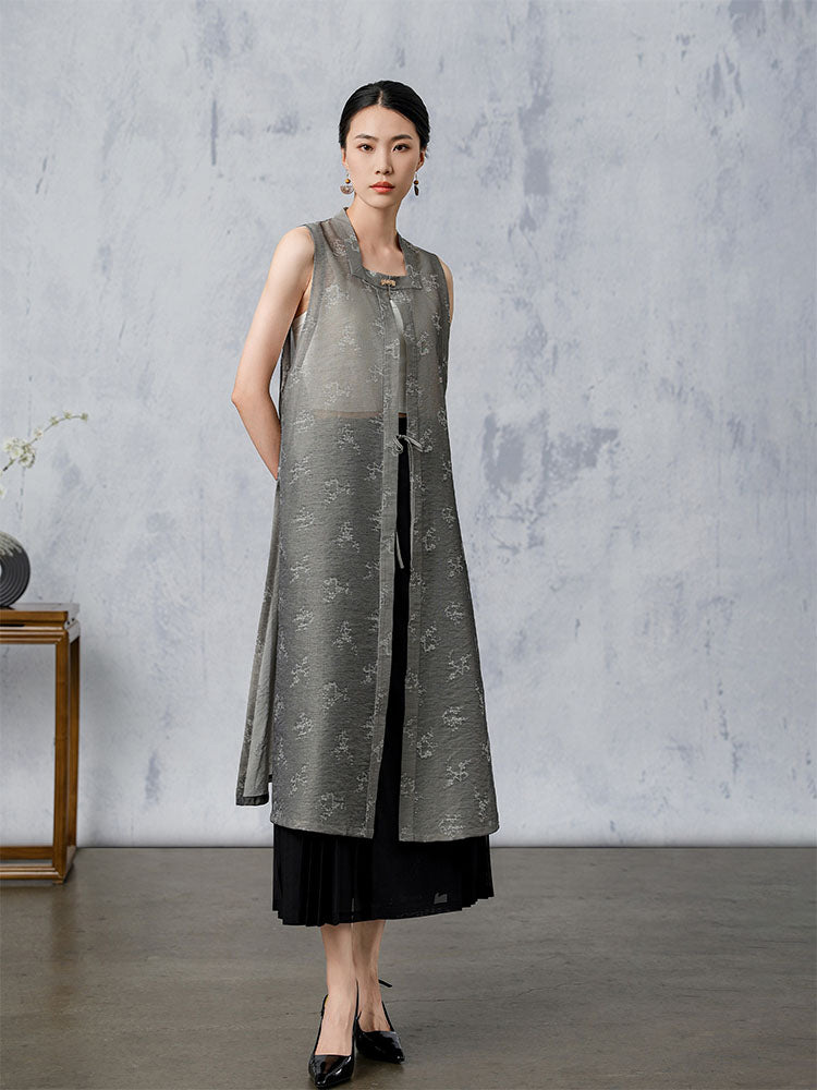 [AnXiang] Plum Blossom Pattern Long Cardigan Vest
