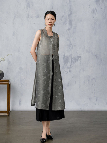 [AnXiang] Plum Blossom Pattern Long Cardigan Vest