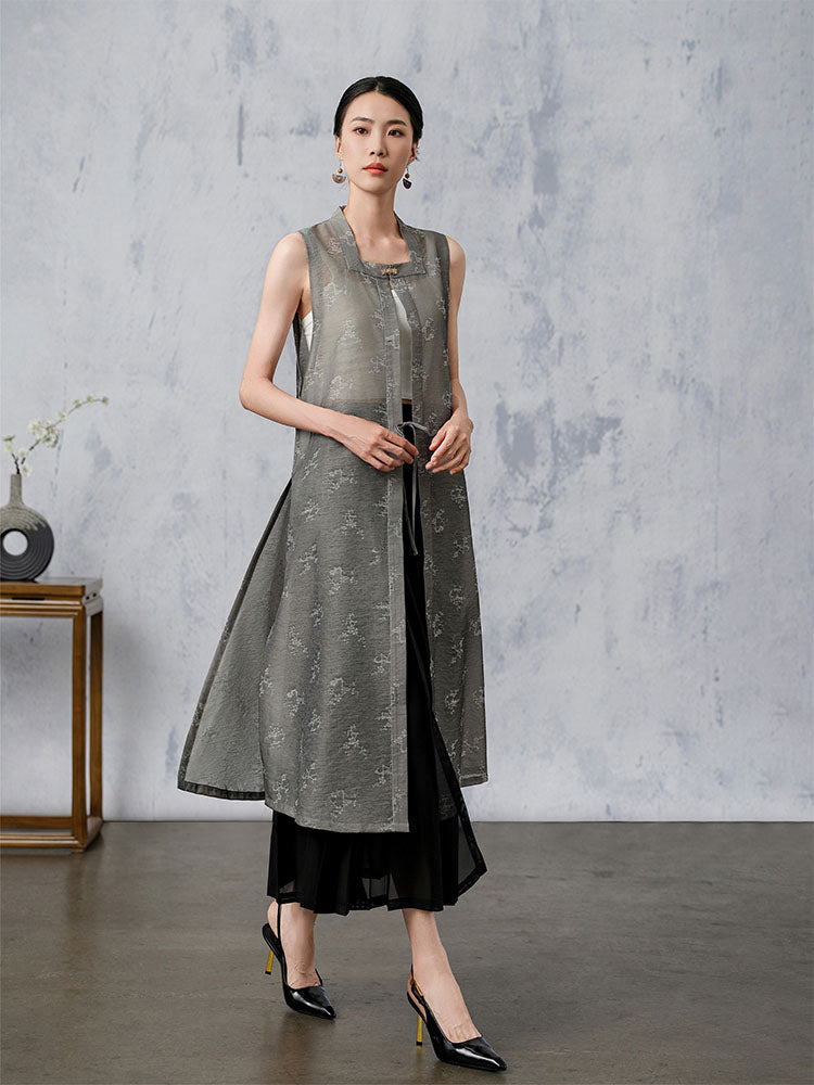 [AnXiang] Plum Blossom Pattern Long Cardigan Vest