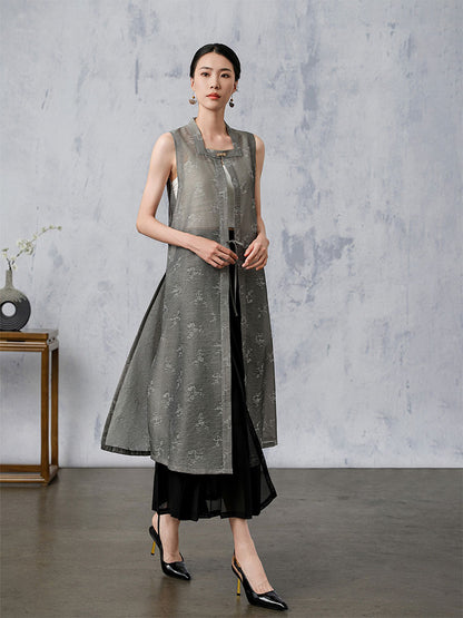 [AnXiang] Plum Blossom Pattern Long Cardigan Vest