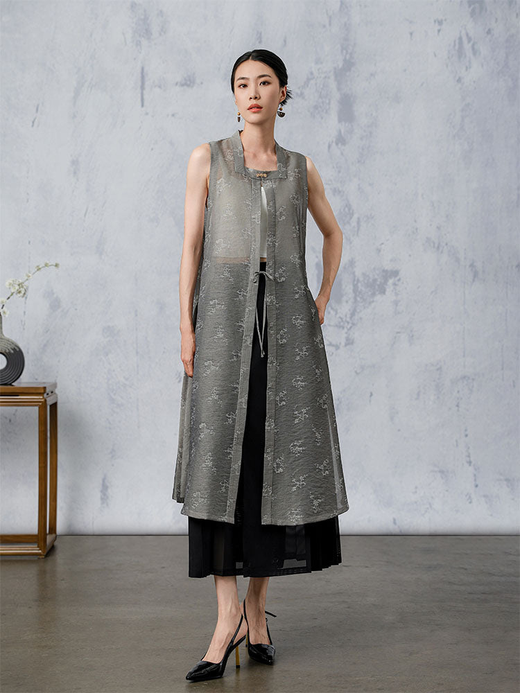 [AnXiang] Plum Blossom Pattern Long Cardigan Vest