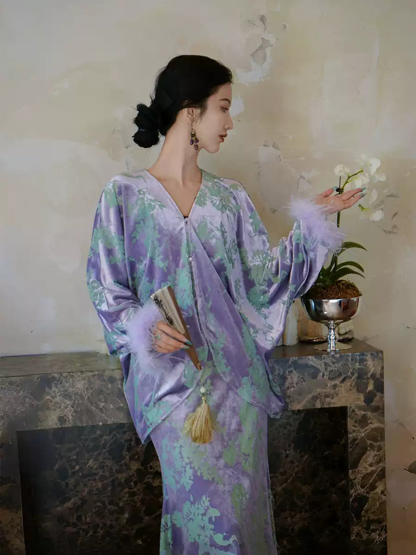 Burn-out_Velvet_Ostrich_Feather_Top_and_Fishtail_Dress_Two-Piece_Set_4