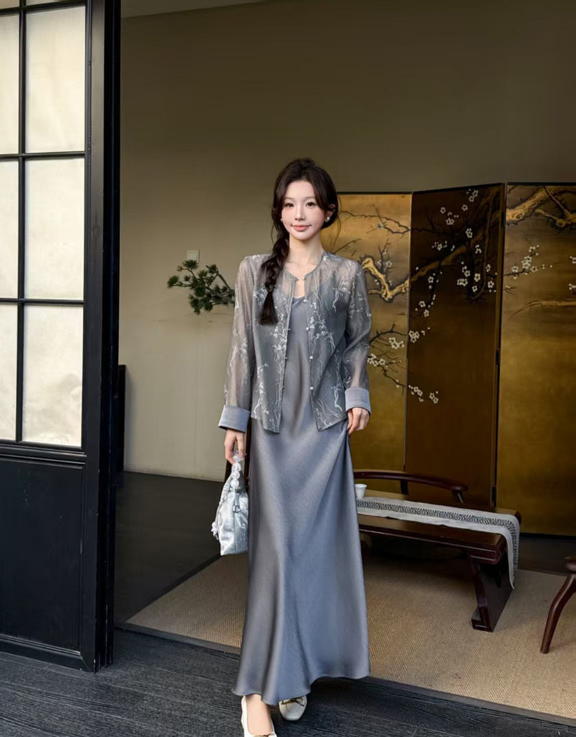 Button Round Neck Sun Protection Jacket Acetate Suspender Dress Set 1