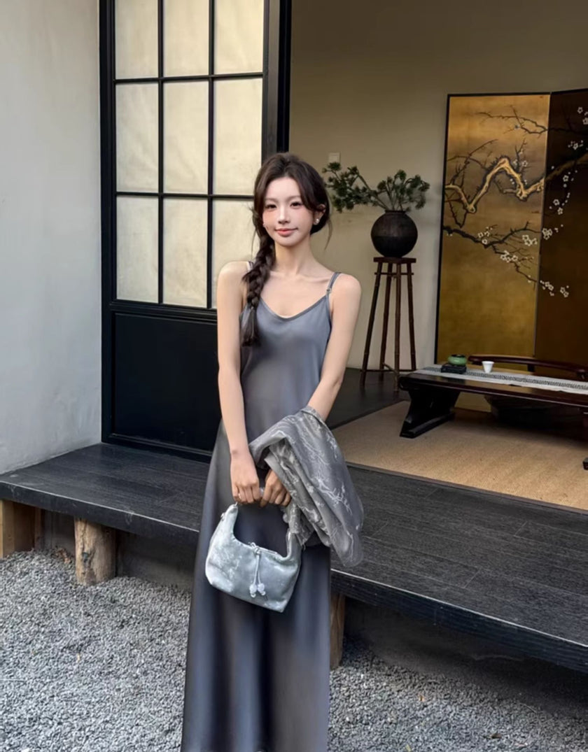 Button Round Neck Sun Protection Jacket Acetate Suspender Dress Set 2