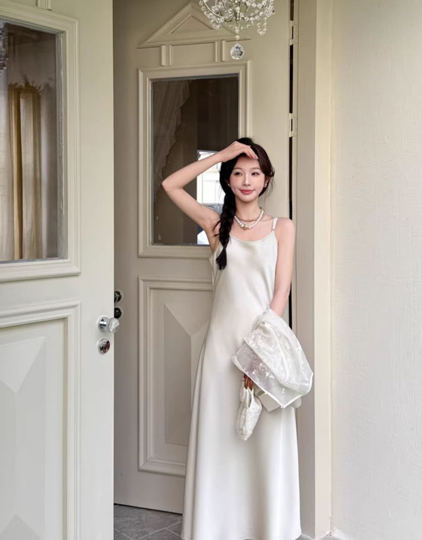 Button Round Neck Sun Protection Jacket Acetate Suspender Dress Set 3