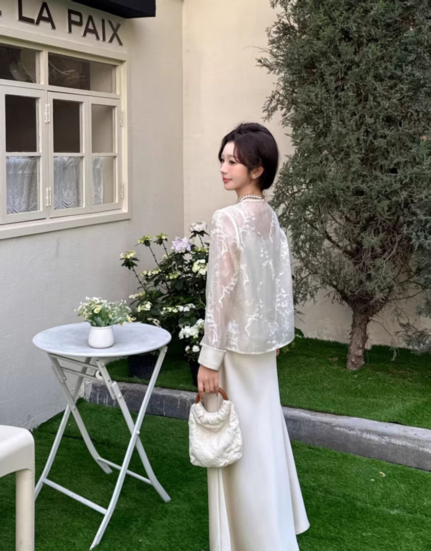 Button Round Neck Sun Protection Jacket Acetate Suspender Dress Set 4