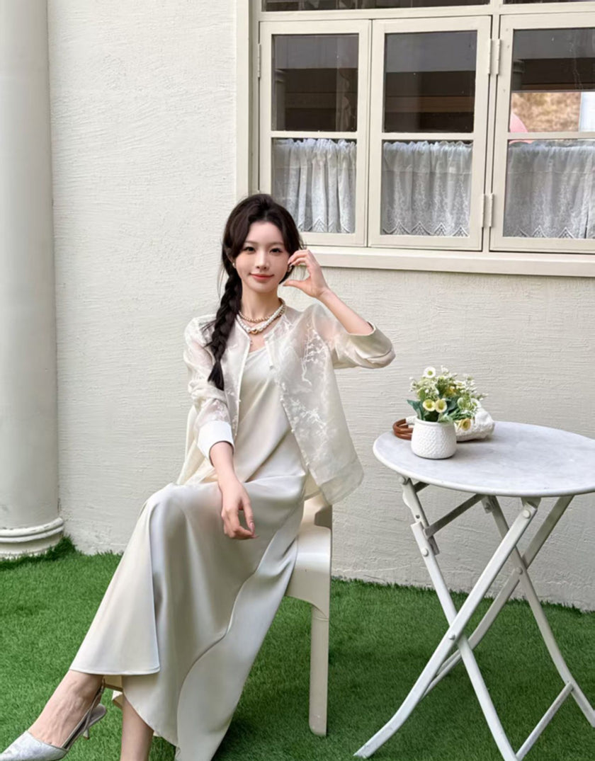 Button Round Neck Sun Protection Jacket Acetate Suspender Dress Set 5