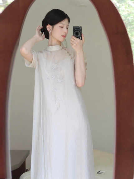 Embroidered_Stand_Collar_Puff_Sleeve_Dress_2