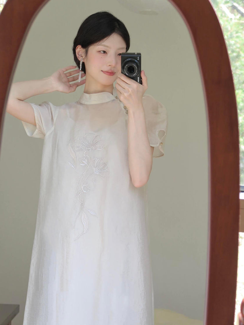 Embroidered_Stand_Collar_Puff_Sleeve_Dress_3