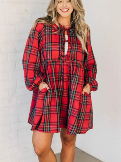 Flannel Plaid Bow Tie Long Sleeve Dress