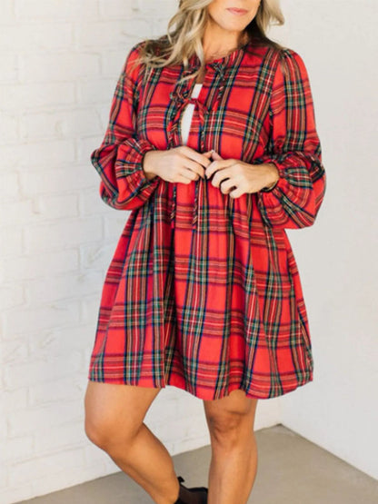 Flannel Plaid Bow Tie Long Sleeve Dress